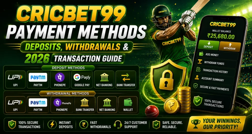 Cricbet99 Payment Methods – Deposits, Withdrawals & 2026 Transaction Guide